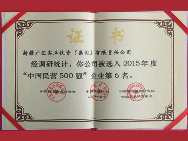 2015年中国民营企业500强证书 5500aaa公海贵宾获得第6位